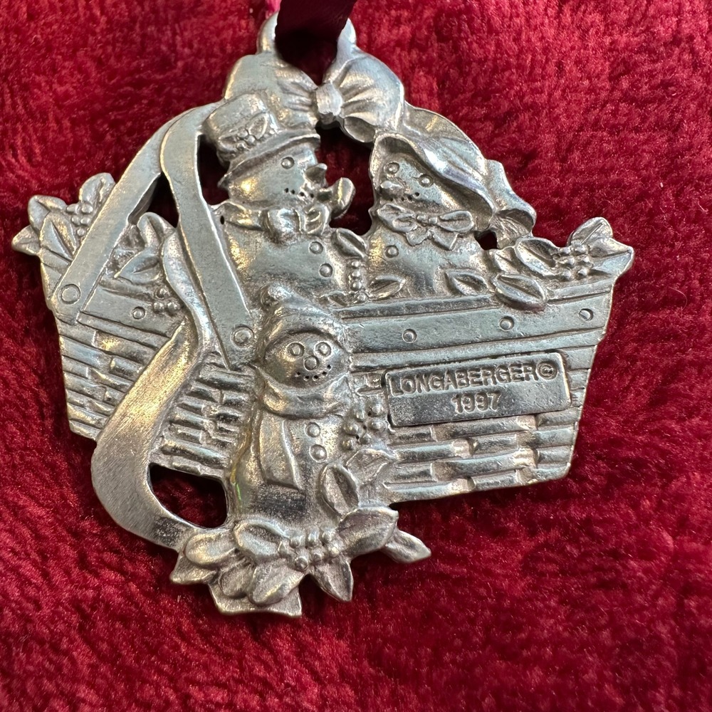 Longaberger Pewter Christmas Ornaments 1995 Cookie Basket 1997 Snowman Set of 2